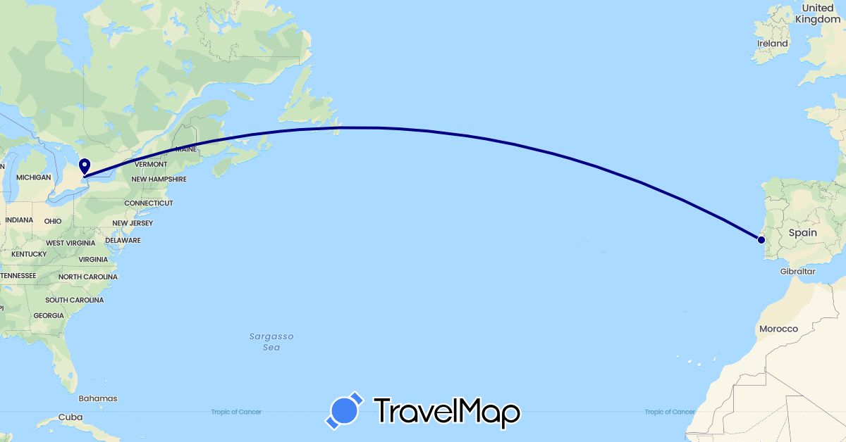 TravelMap itinerary: driving in Canada, Portugal (Europe, North America)